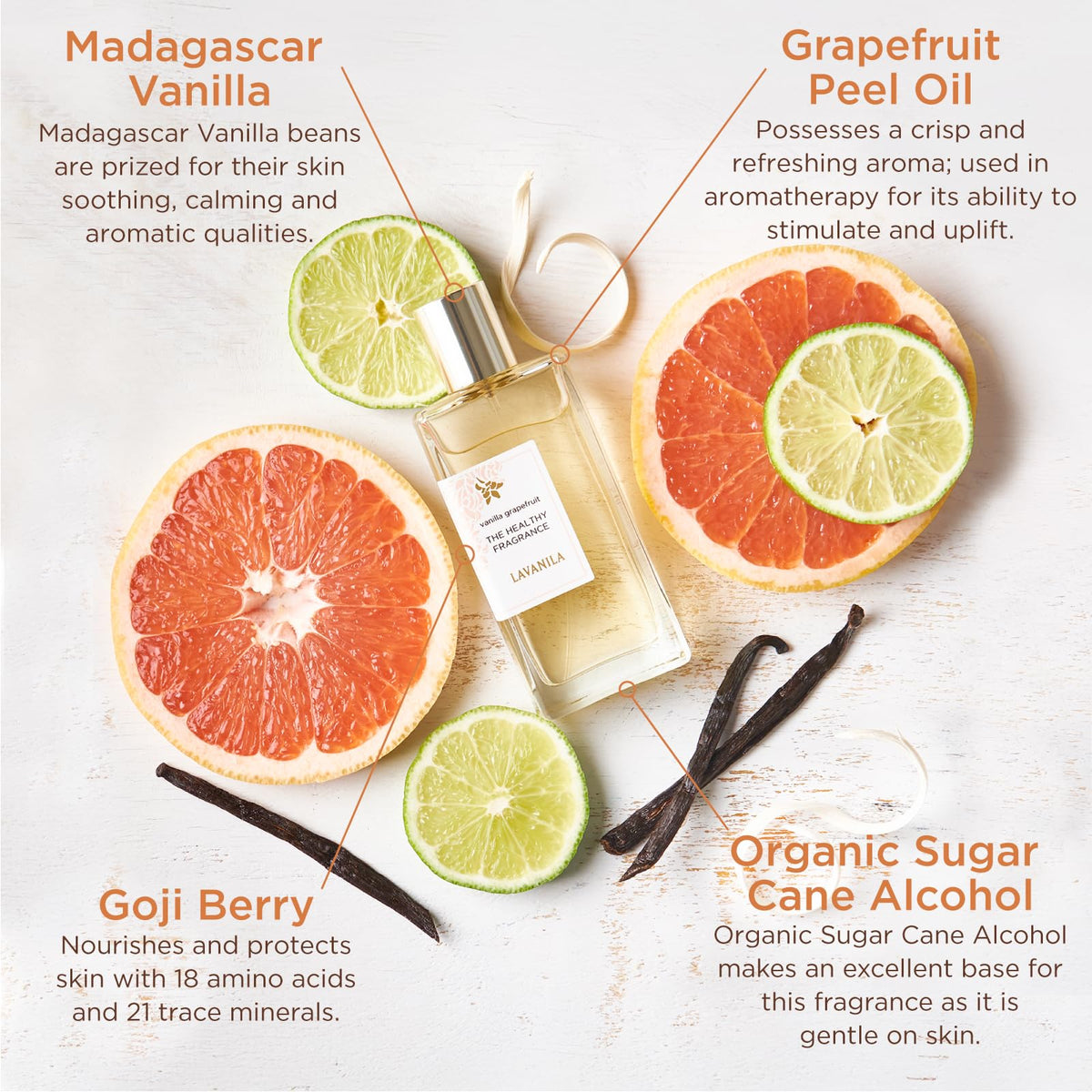 Lavanila Vanilla Grapefruit label close-up highlighting natural ingredients.