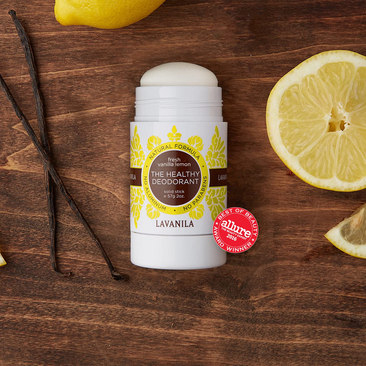 Lavanila Vanilla Lemon deodorant with aloe for gentle daily use on sensitive skin.