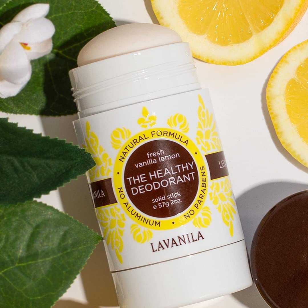 Lavanila Vanilla Lemon deodorant stick back view showing label and vegan formula.