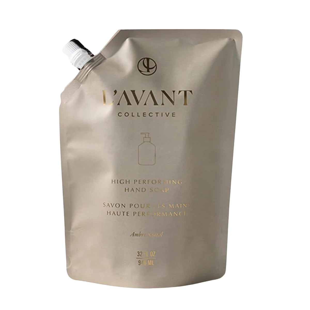 L’AVANT Collective Ambre Santal hand soap bottle on countertop with refined fragrance.