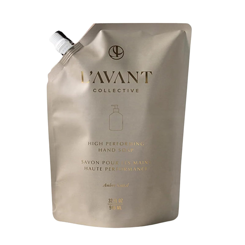 L’AVANT Collective Ambre Santal hand soap bottle on countertop with refined fragrance.