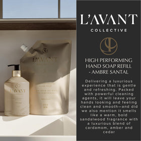 L’AVANT Ambre Santal in kitchen and bathroom setup.