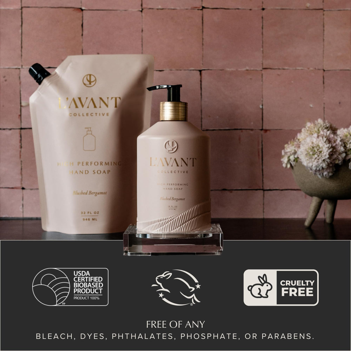 L'AVANT Collective blushed bergamot label on the bottle for a refined scent.