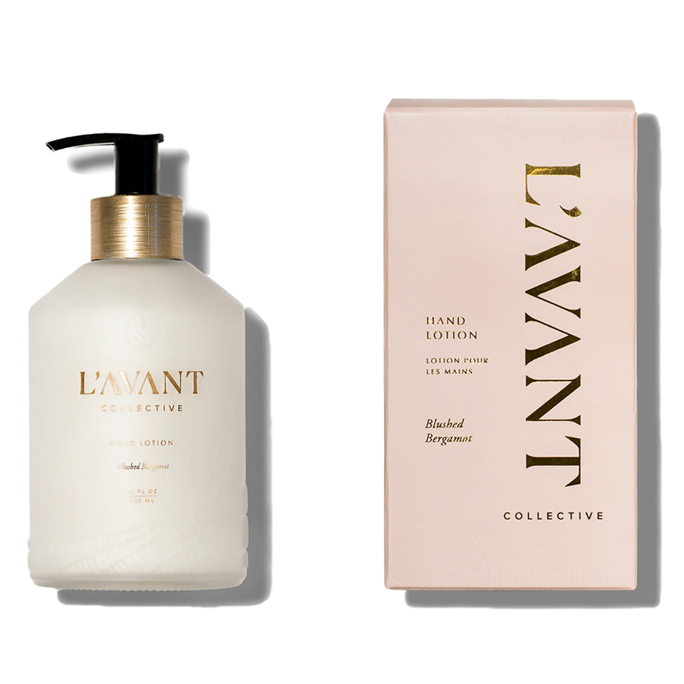 L'AVANT Collective Luxury Hand Lotion bottle on a vanity for daily hydration.