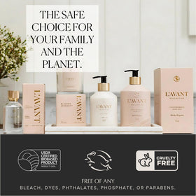 L'AVANT Collective glass bottle profile on a clean vanity.