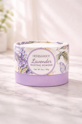 Lavender dusting powder close-up showing smooth texture and fragrance