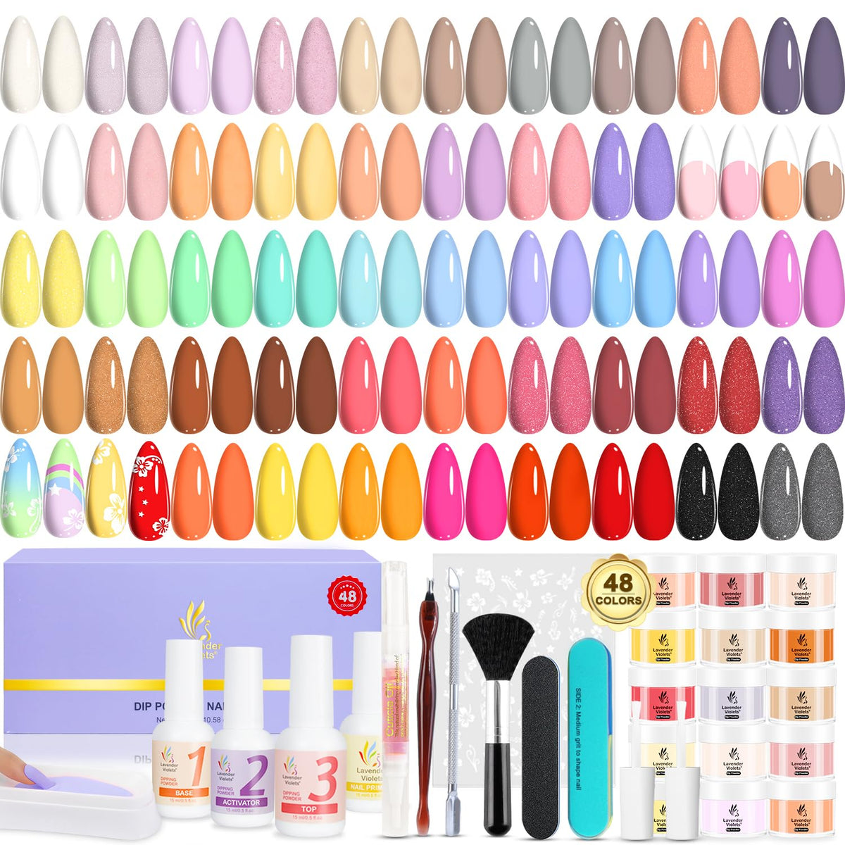 Lavender Violets 48-color dip powder palette for creative nail art options.