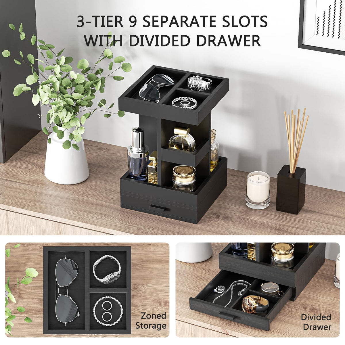 Removable top divider adjusts to taller designer bottles.