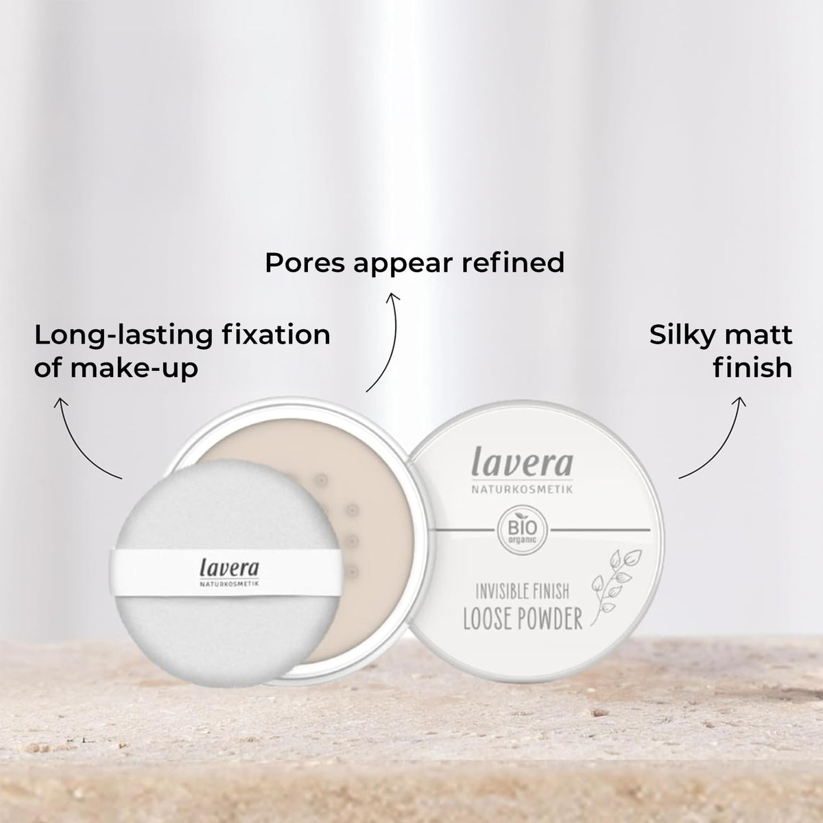 Lavera Invisible Finish Powder being applied for a smooth matte complexion.