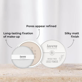 Lavera Invisible Finish Powder being applied for a smooth matte complexion.
