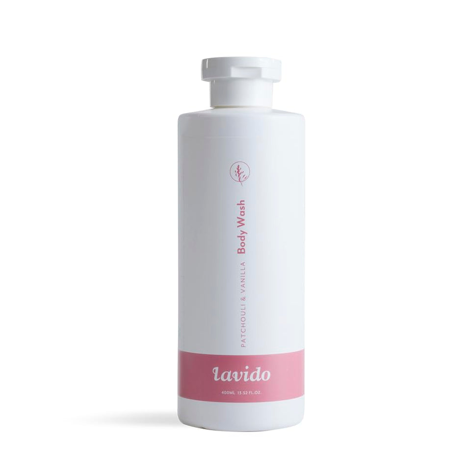 Lavido Patchouli Vanilla body wash bottle ready for daily cleanse and aromatic hydration.