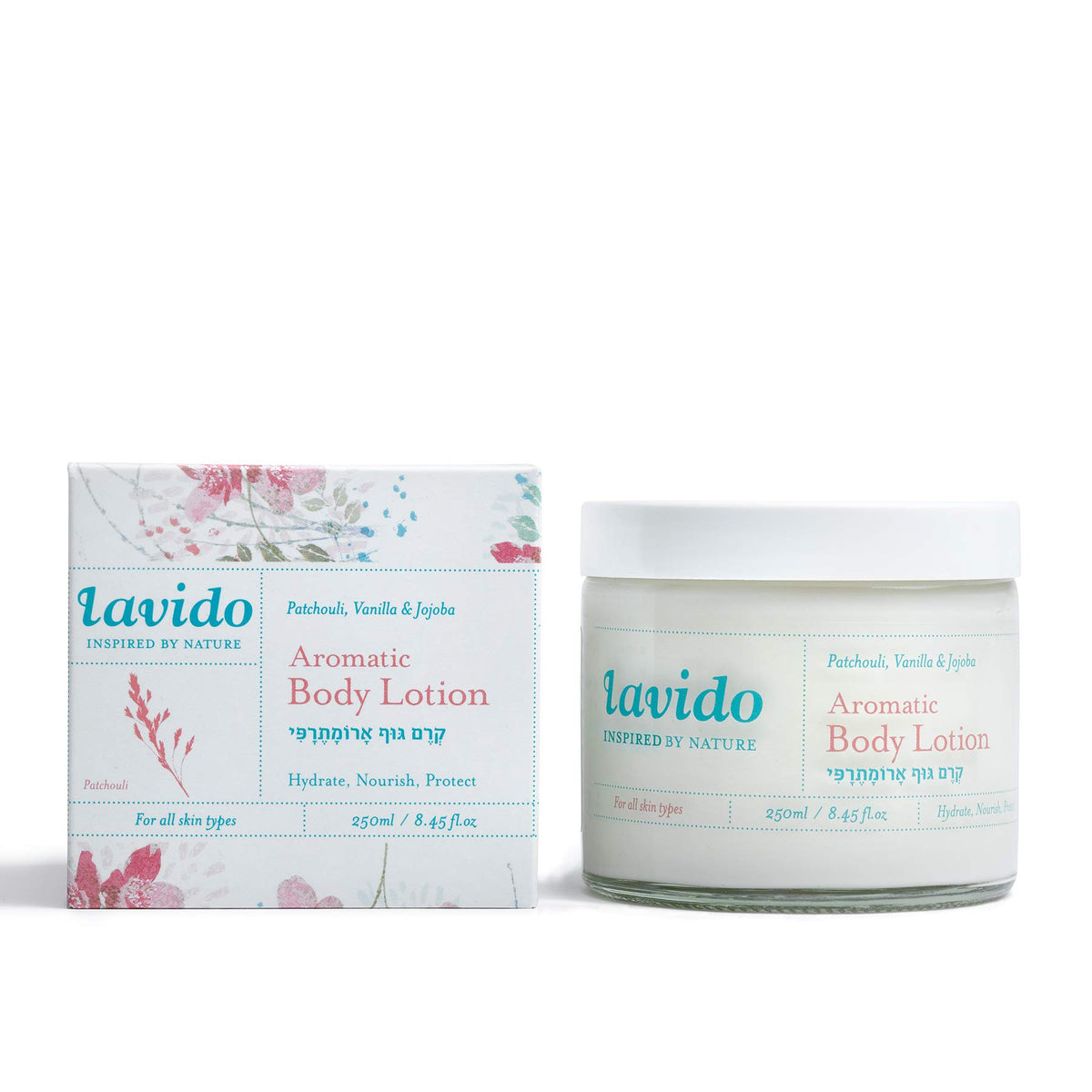 Lavido Patchouli-Vanilla Lotion packaging for daily moisturization and soothing aroma.