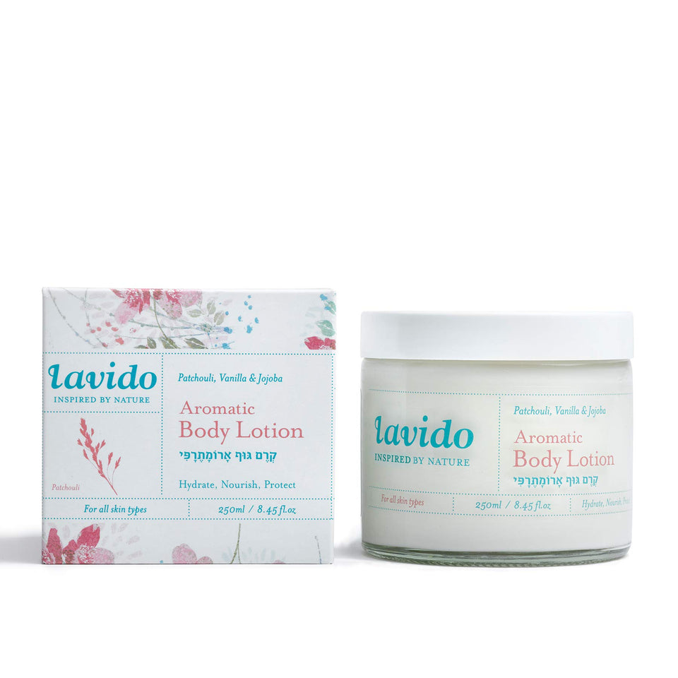 Lavido Patchouli-Vanilla Lotion packaging for daily moisturization and soothing aroma.