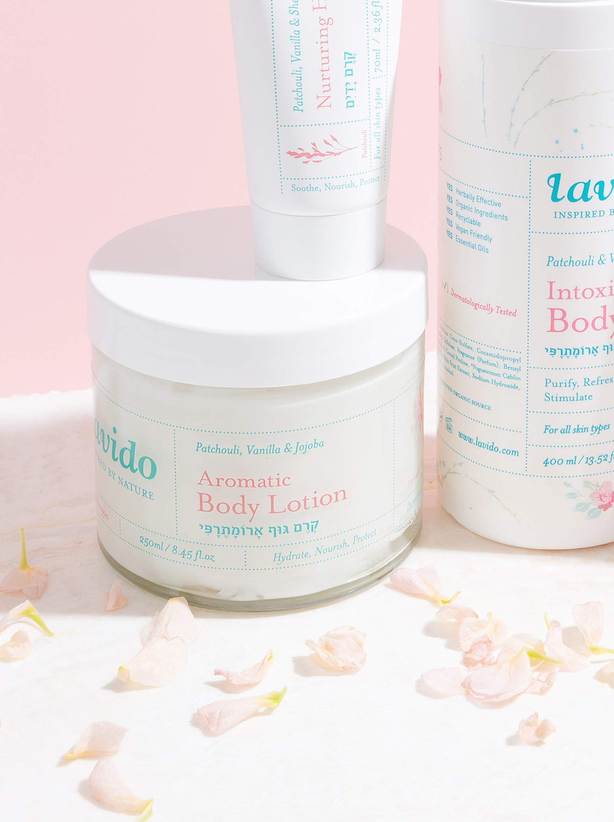 Lavido Shea and Jojoba hydration with Patchouli and Vanilla delivers lasting nourishment and softness.
