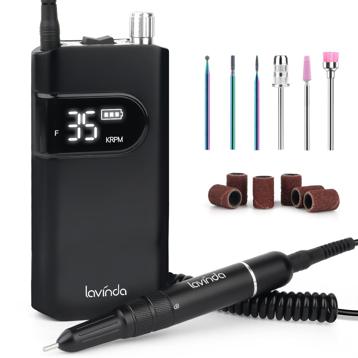 Lavinda 35000RPM nail drill in front view for precise salon-grade results.