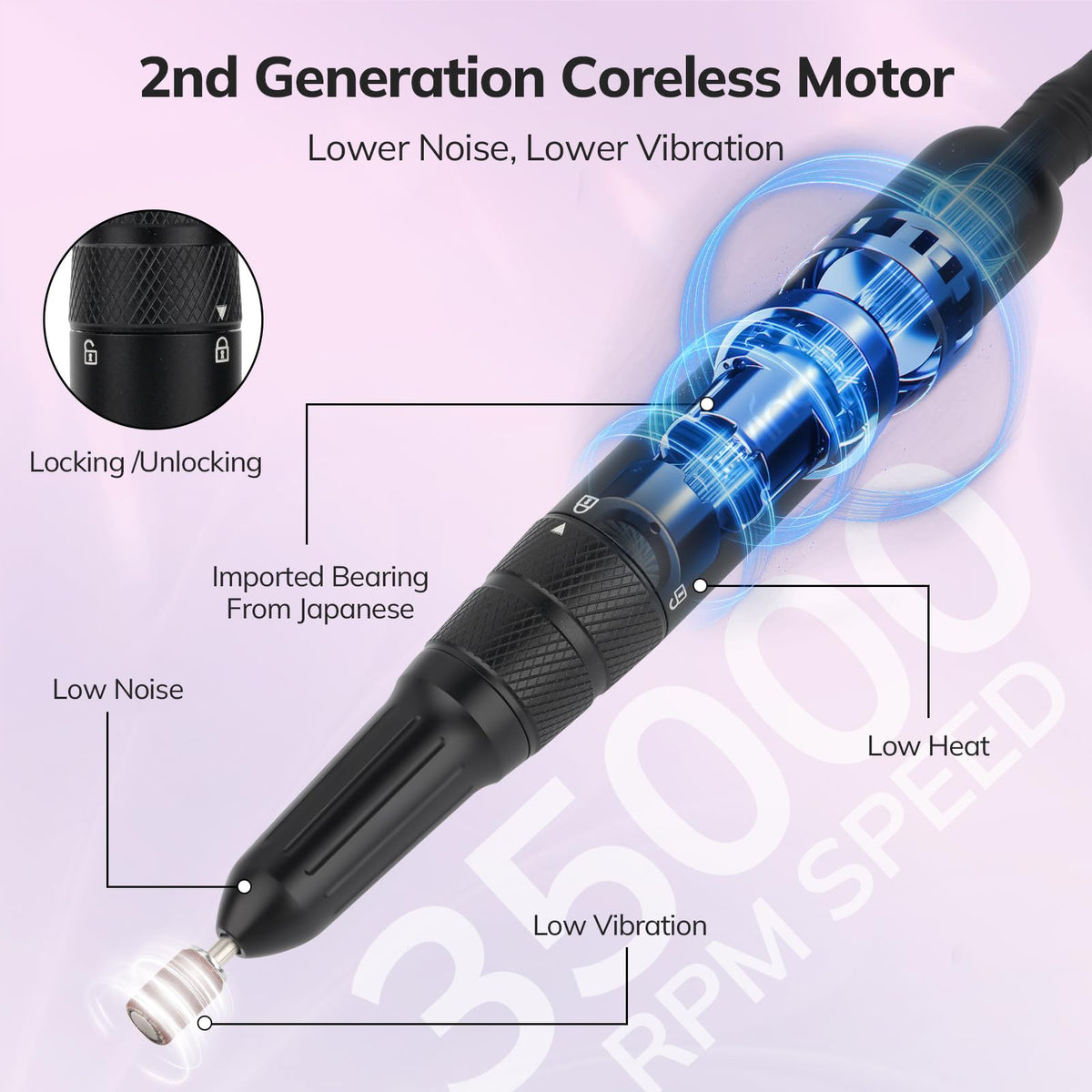 Lavinda coreless motor close-up highlighting smooth, quiet operation.