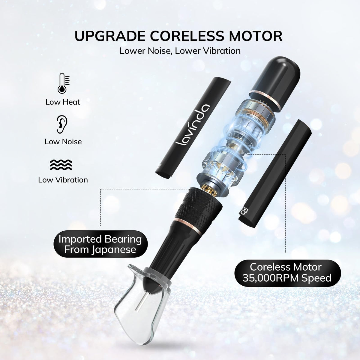 Lavinda coreless motor design reduces vibration for smoother sessions.