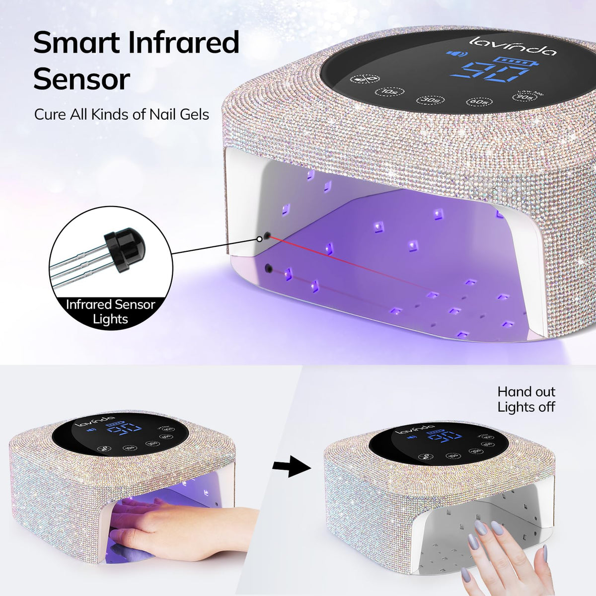 Lavinda lamp with four timers and infrared sensor for hands-free start