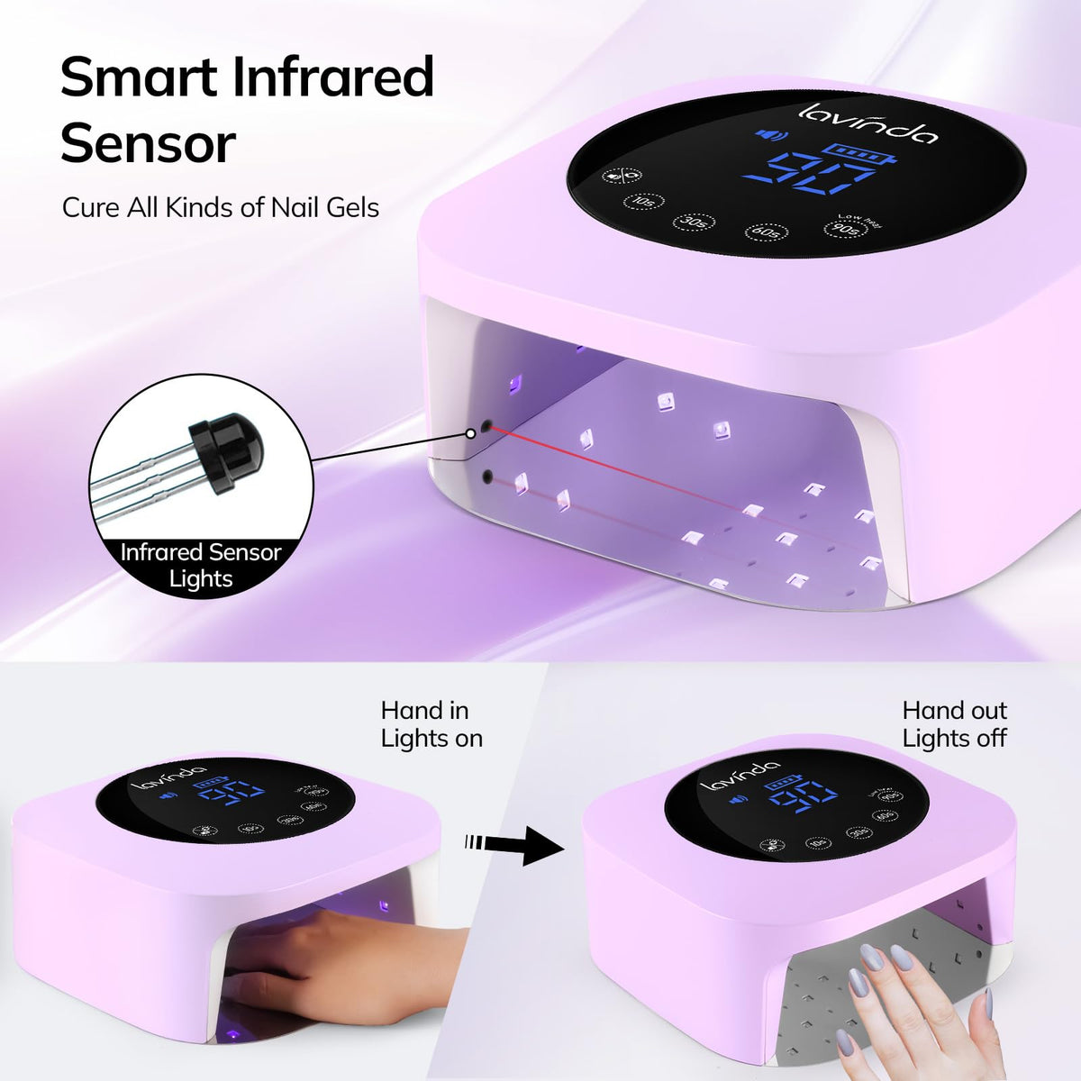 Lavinda LED nail lamp detachable base shown for easy cleaning.