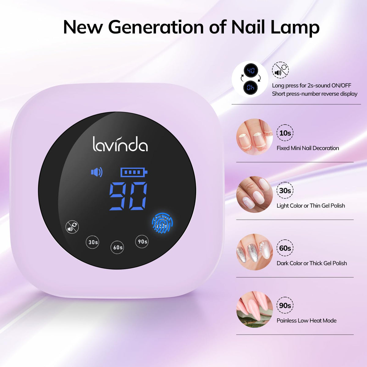 Lavinda LED nail lamp side view highlighting slim profile and cordless design.
