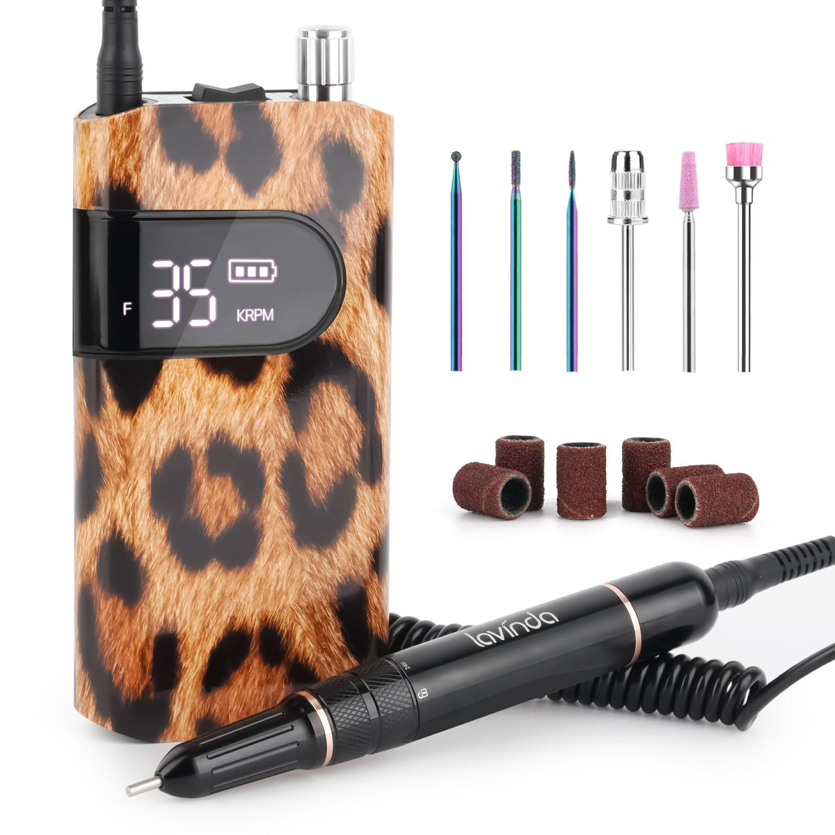 Lavinda leopard-print nail drill with coreless motor for smooth at-home or salon filing