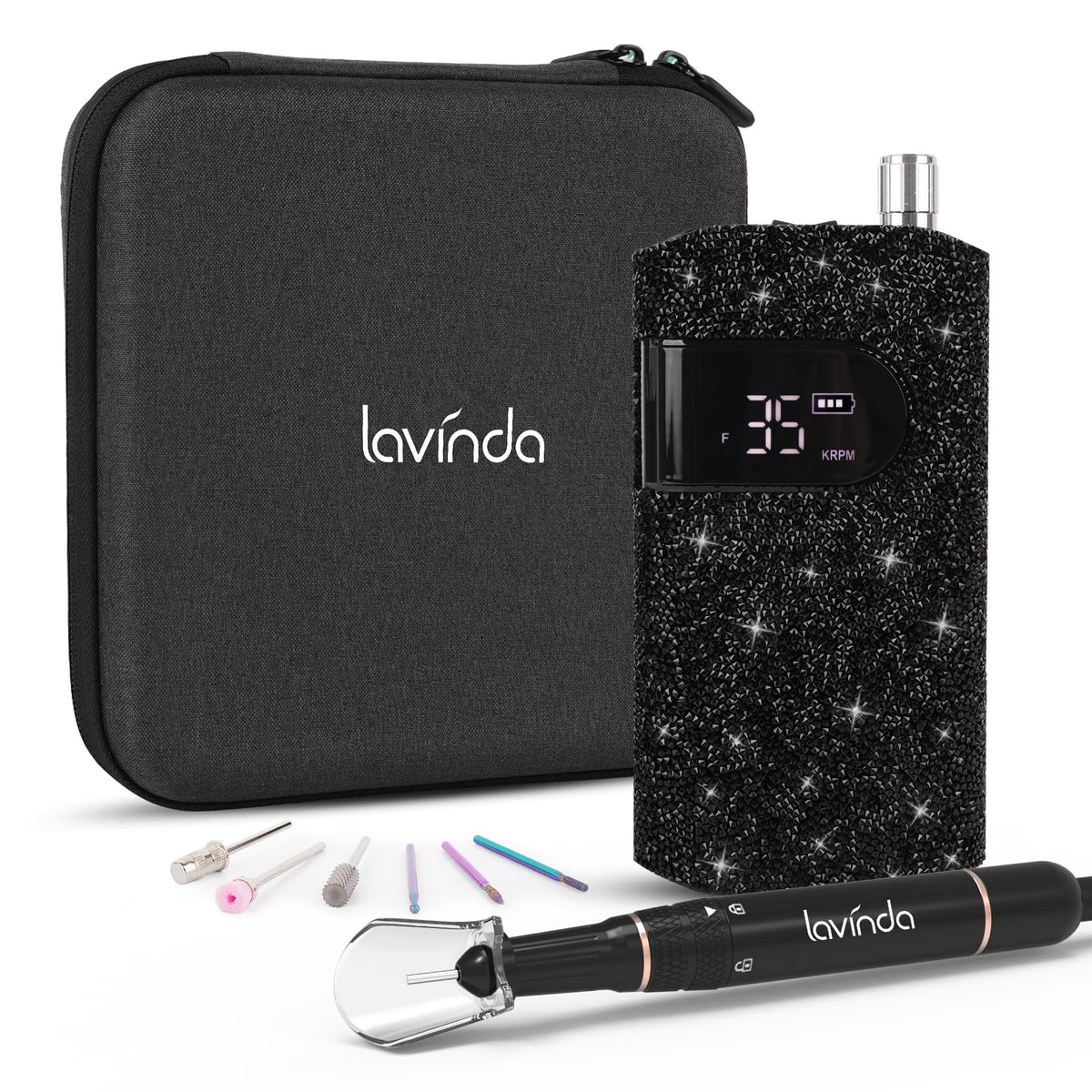 Lavinda nail drill with black rhinestones—front view for precise shaping and buffing.