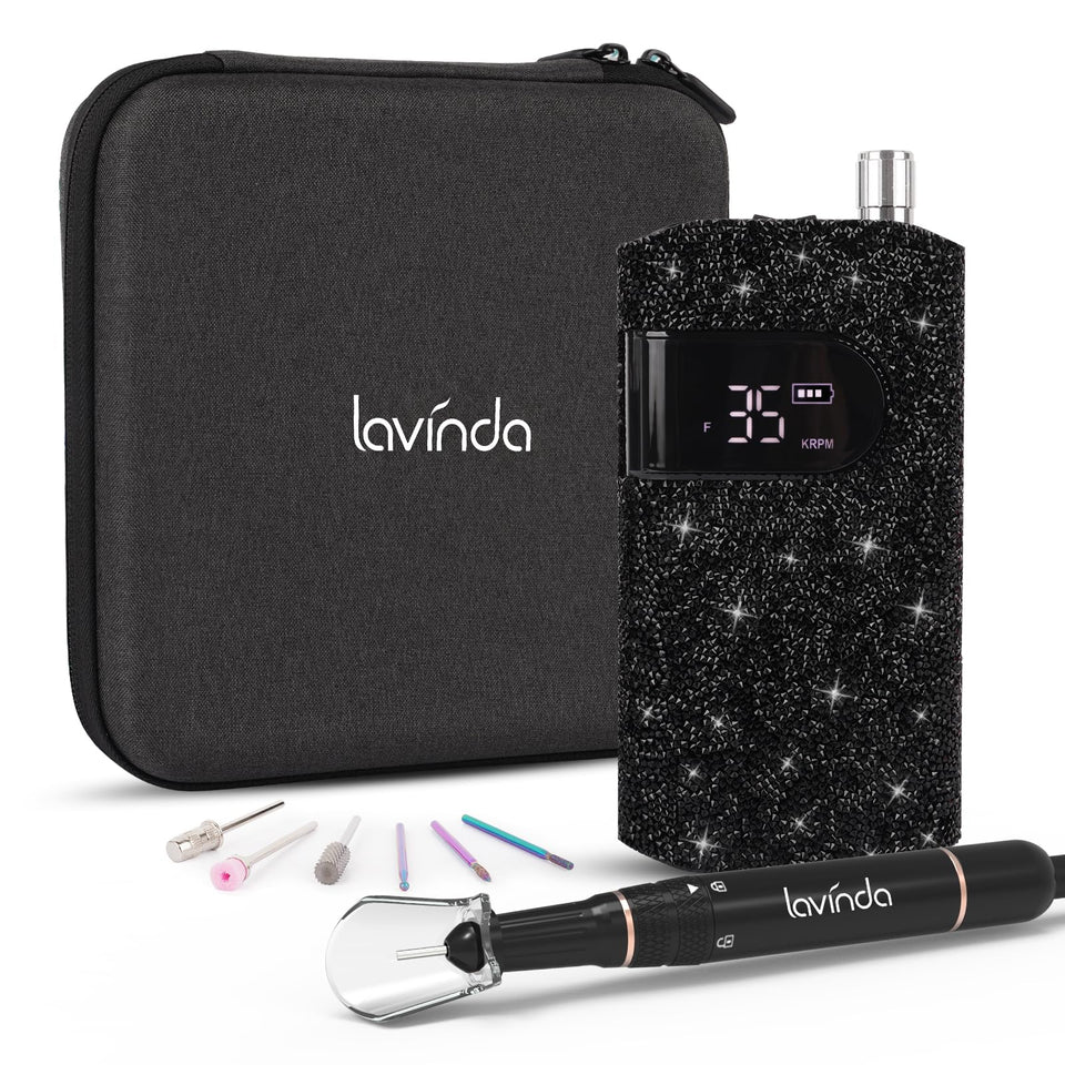 Lavinda nail drill with black rhinestones—front view for precise shaping and buffing.