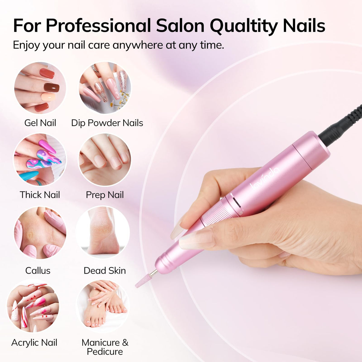 Lavinda cordless nail drill with rechargeable battery for portable use.