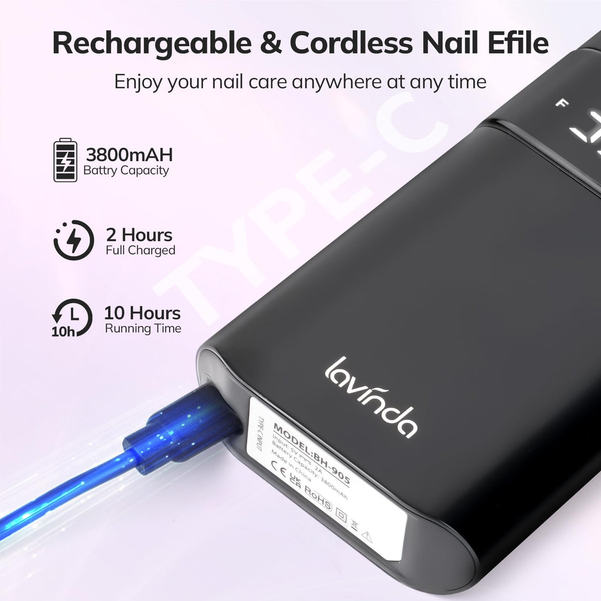 Lavinda rechargeable battery pack demonstrating long-lasting power.