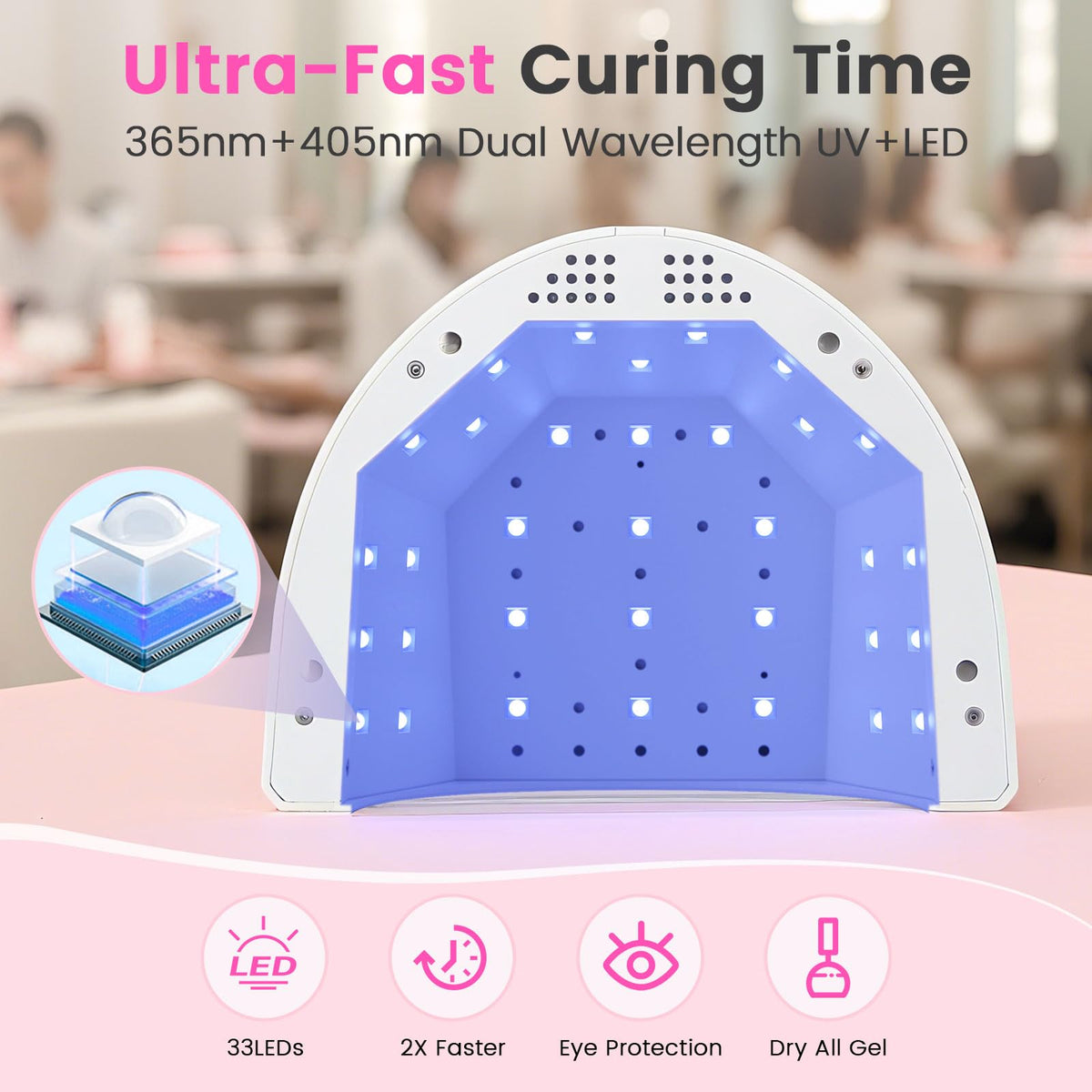 Lavinda UV LED nail lamp side view, compact profile ideal for small spaces