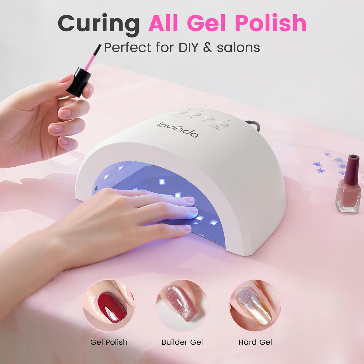 Lavinda UV LED nail lamp timer settings with low-heat option