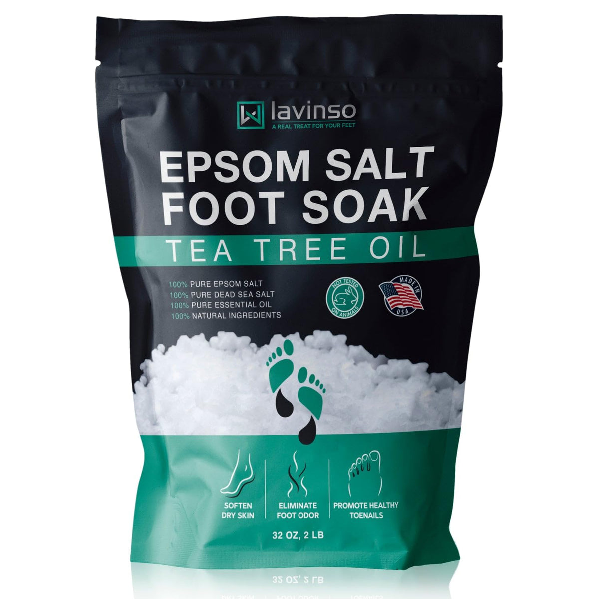 Lavinso Tea Tree Oil Foot Soak with Epsom Salt in a warm bath, easing dry skin