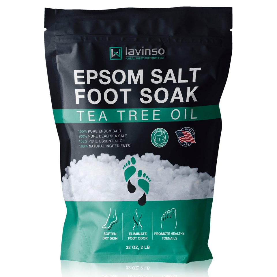 Lavinso Tea Tree Oil Foot Soak with Epsom Salt in a warm bath, easing dry skin