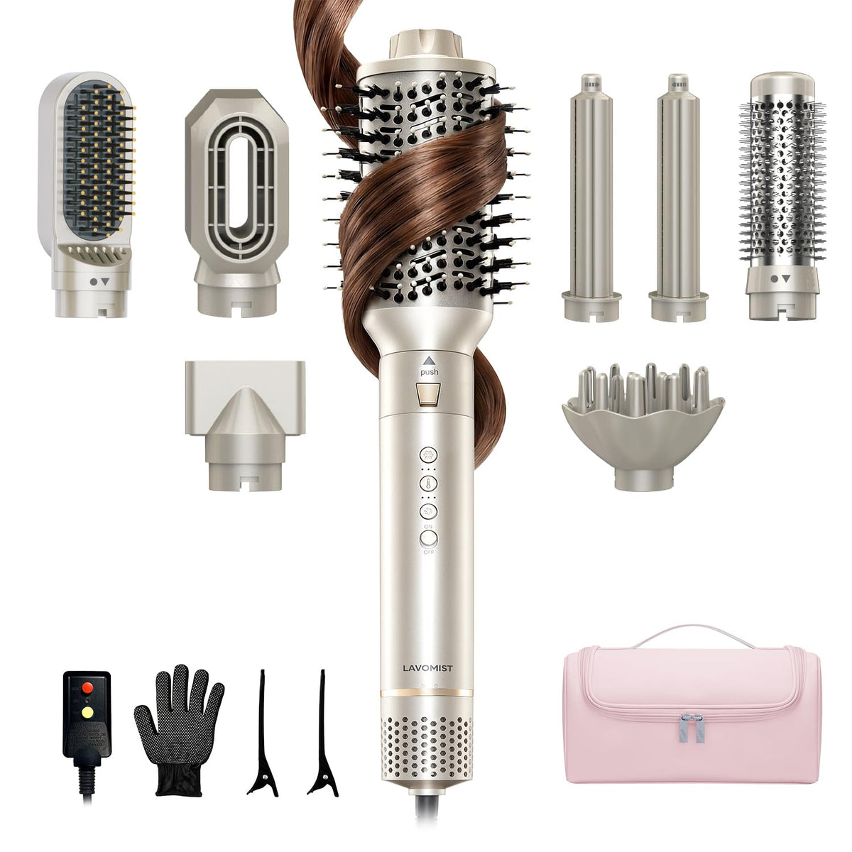 Lavomist 9-in-1 dual voltage styler attachments for versatile styling on any hair type.