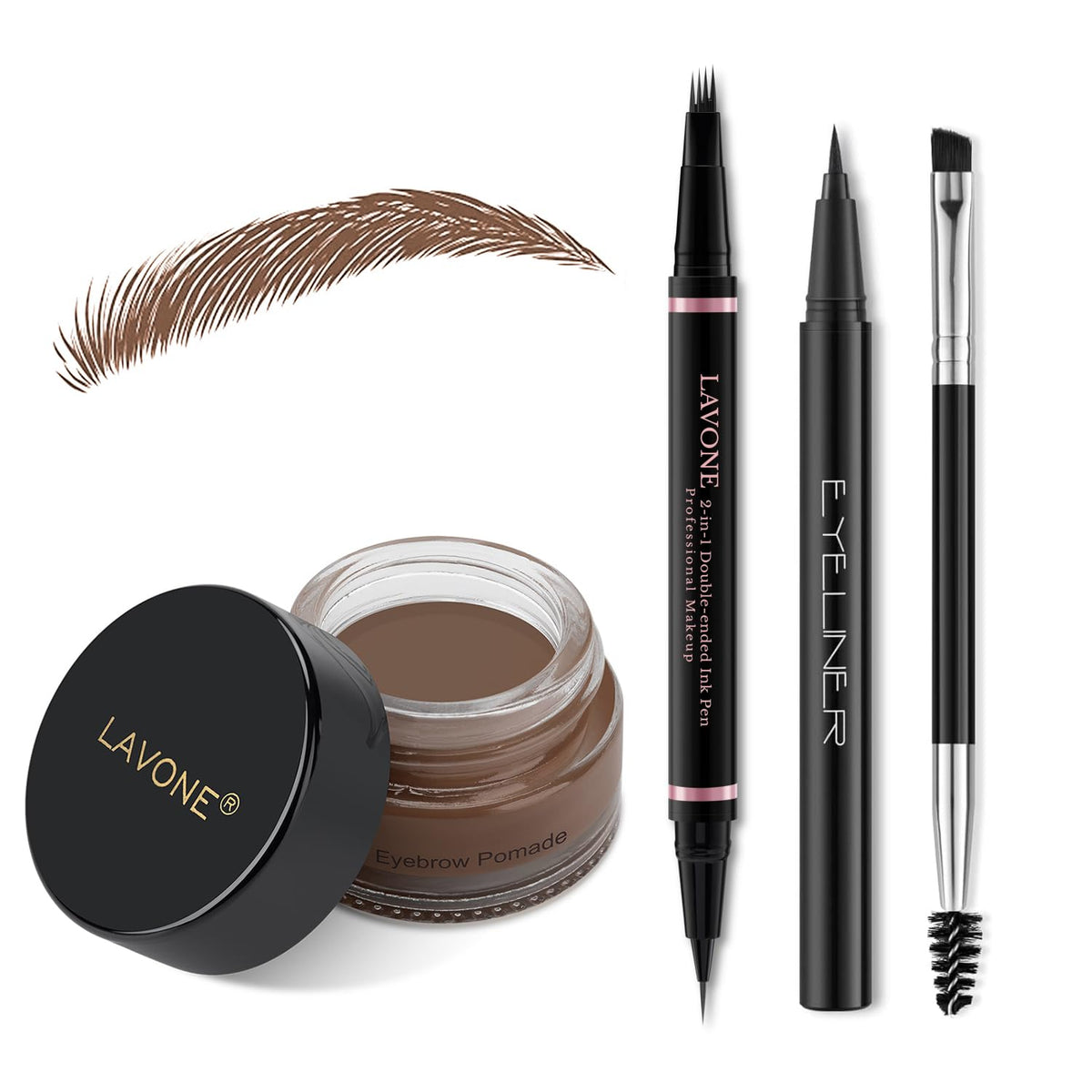 LAVONE Eyebrow Pen Brunette close-up showing hair-like strokes for natural brows