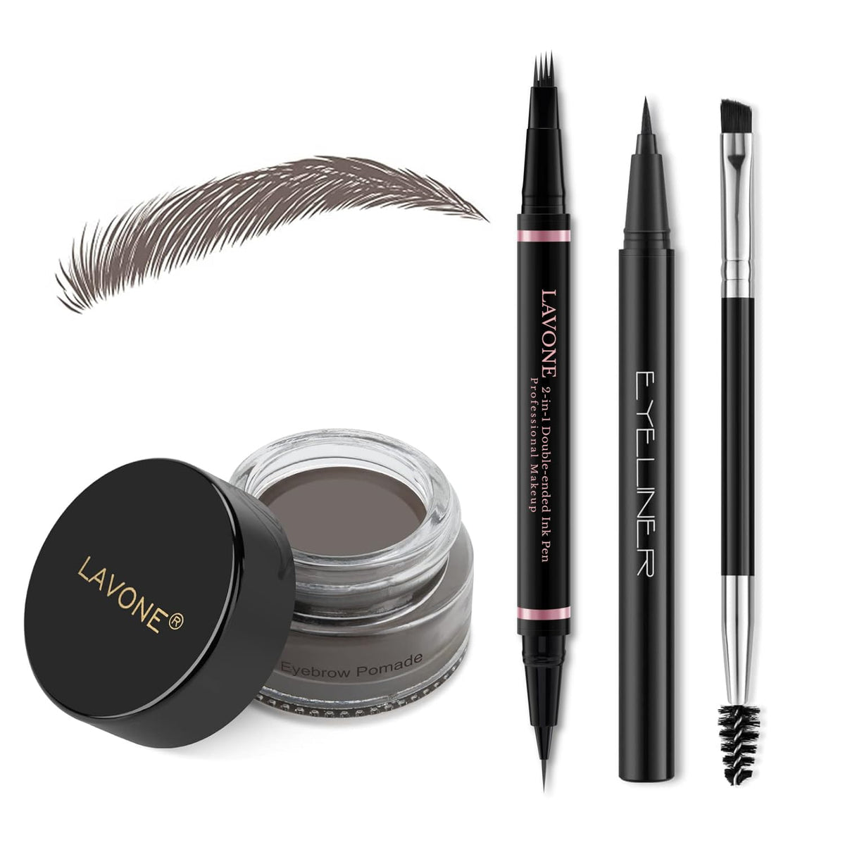 LAVONE eyebrow pen ebony demonstrating natural hair-like strokes for long-lasting brows