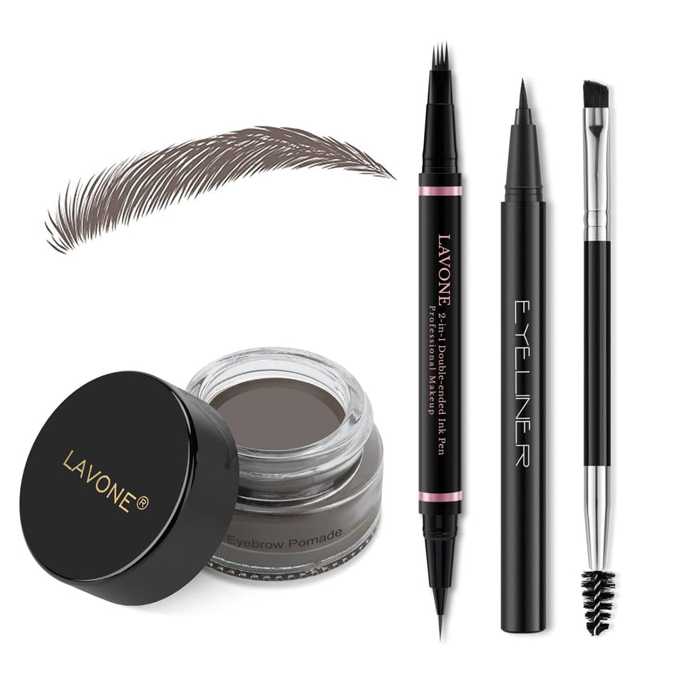 LAVONE eyebrow pen ebony demonstrating natural hair-like strokes for long-lasting brows