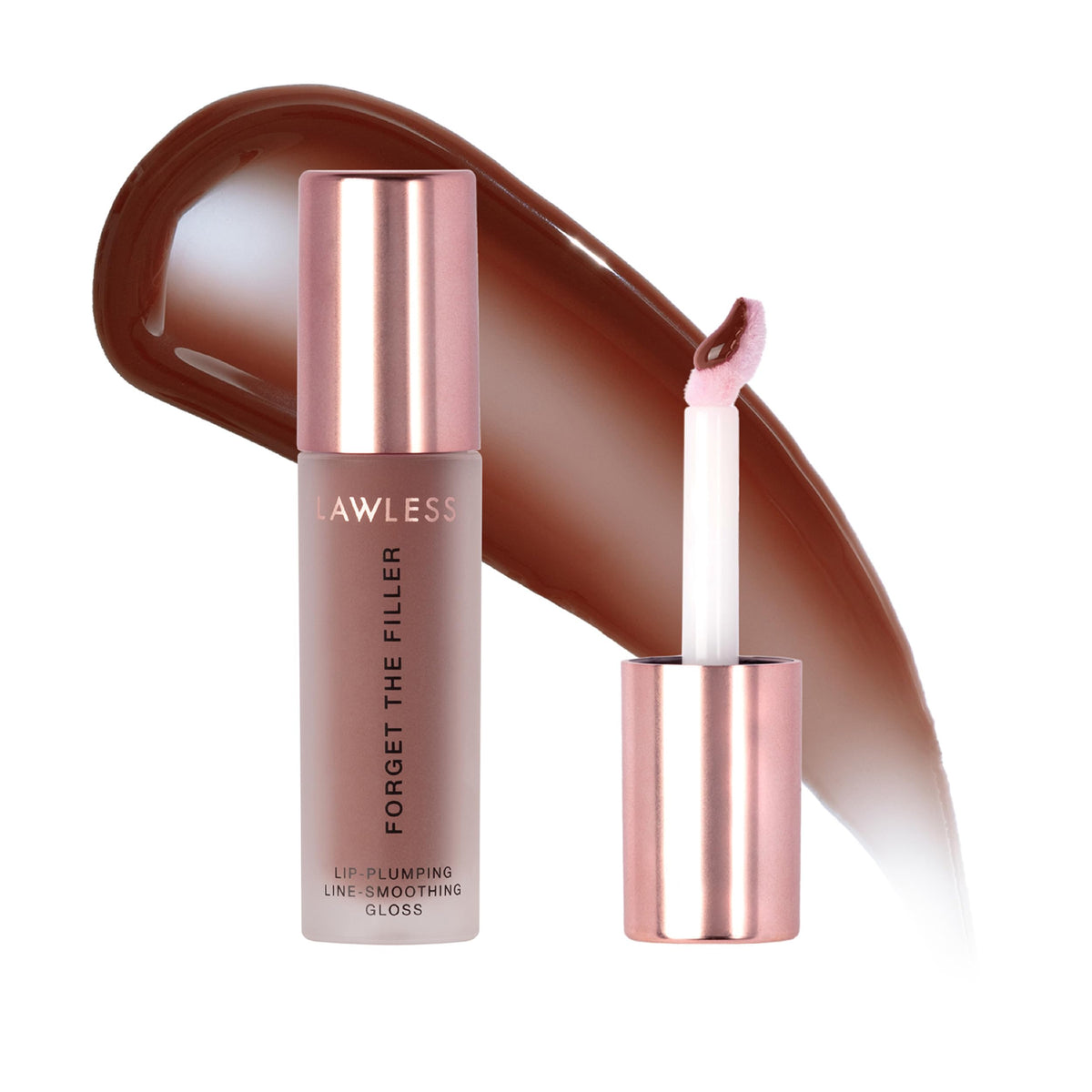LAWLESS Forget The Filler Maple Sugar gloss bottle adds shine for enhanced lip glow.