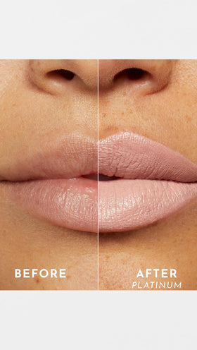 Lawless Forget the Filler lipstick on lips displays a plump, satin color look