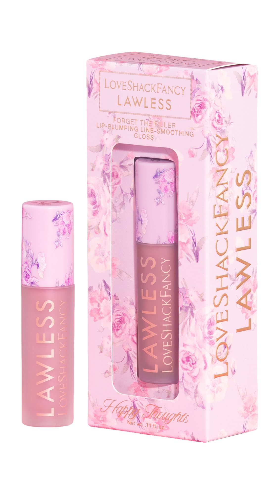 Lawless x LoveShackFancy Forget The Filler gloss bottle offers a shiny, plump-looking finish.