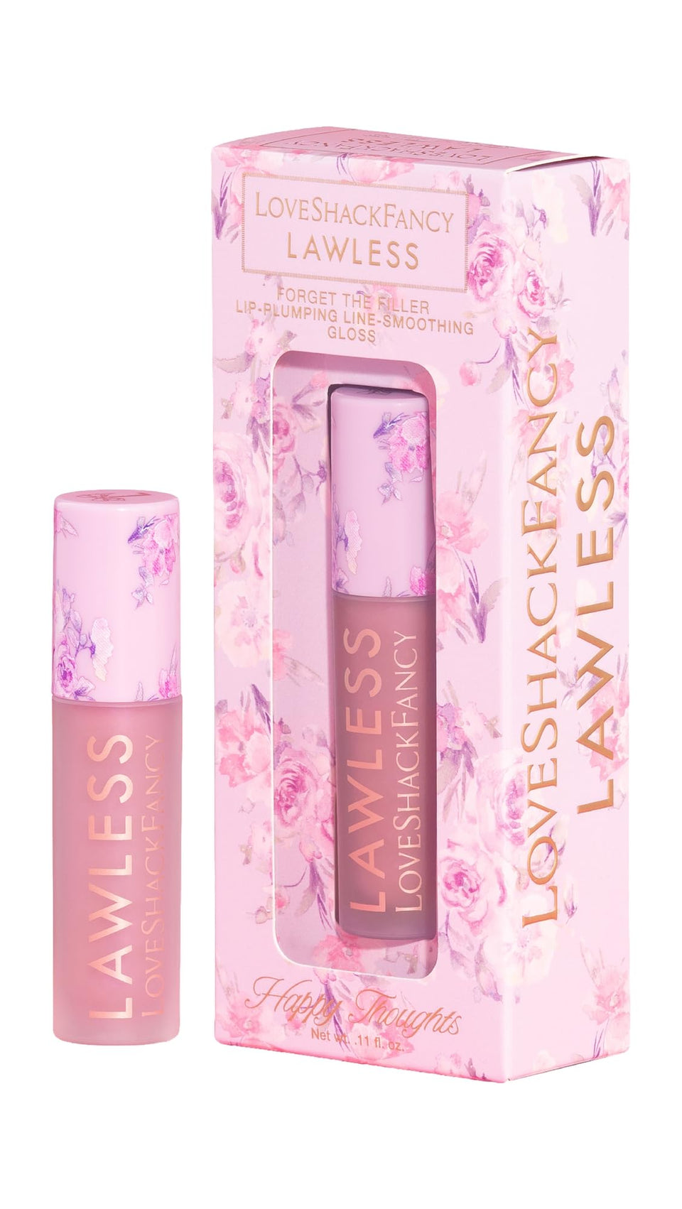 Lawless x LoveShackFancy Forget The Filler gloss bottle offers a shiny, plump-looking finish.