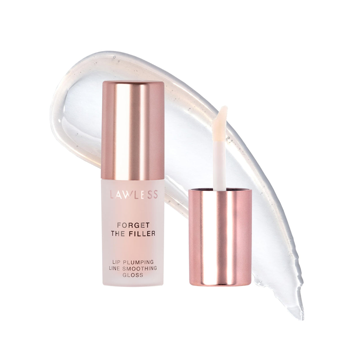 LAWLESS Rosy Outlook lip plumper bottle with silky gloss and rosy hue.