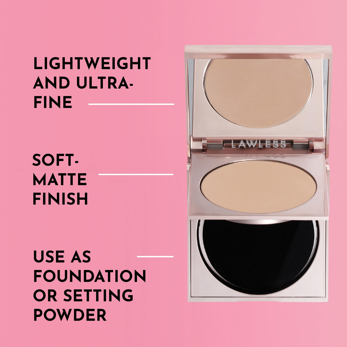 Packaging close-up of LAWLESS talc-free powder compact with sleek design