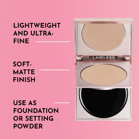 Packaging close-up of LAWLESS talc-free powder compact with sleek design