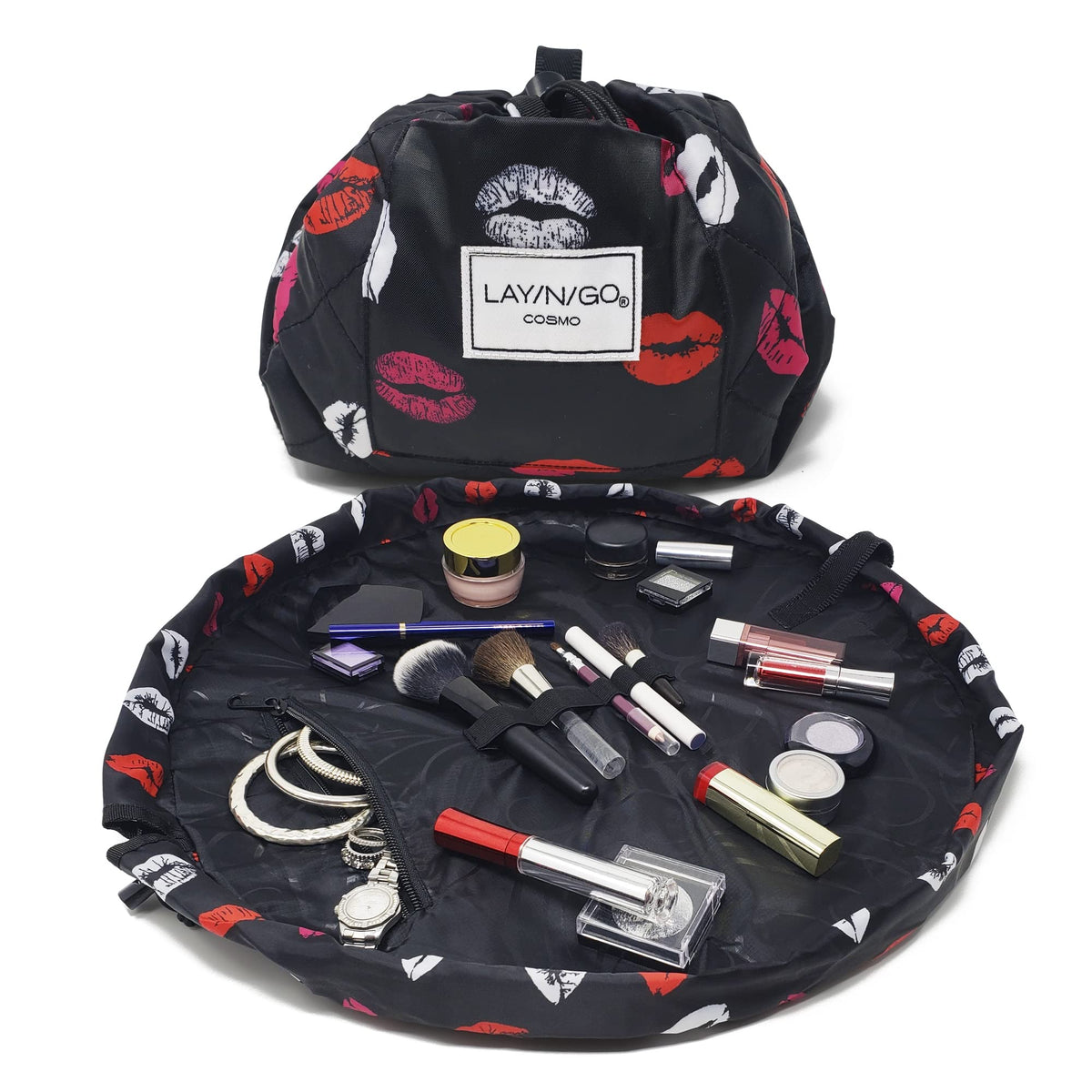 Lay-n-Go Cosmo bag opened to lay flat for quick access to cosmetics.