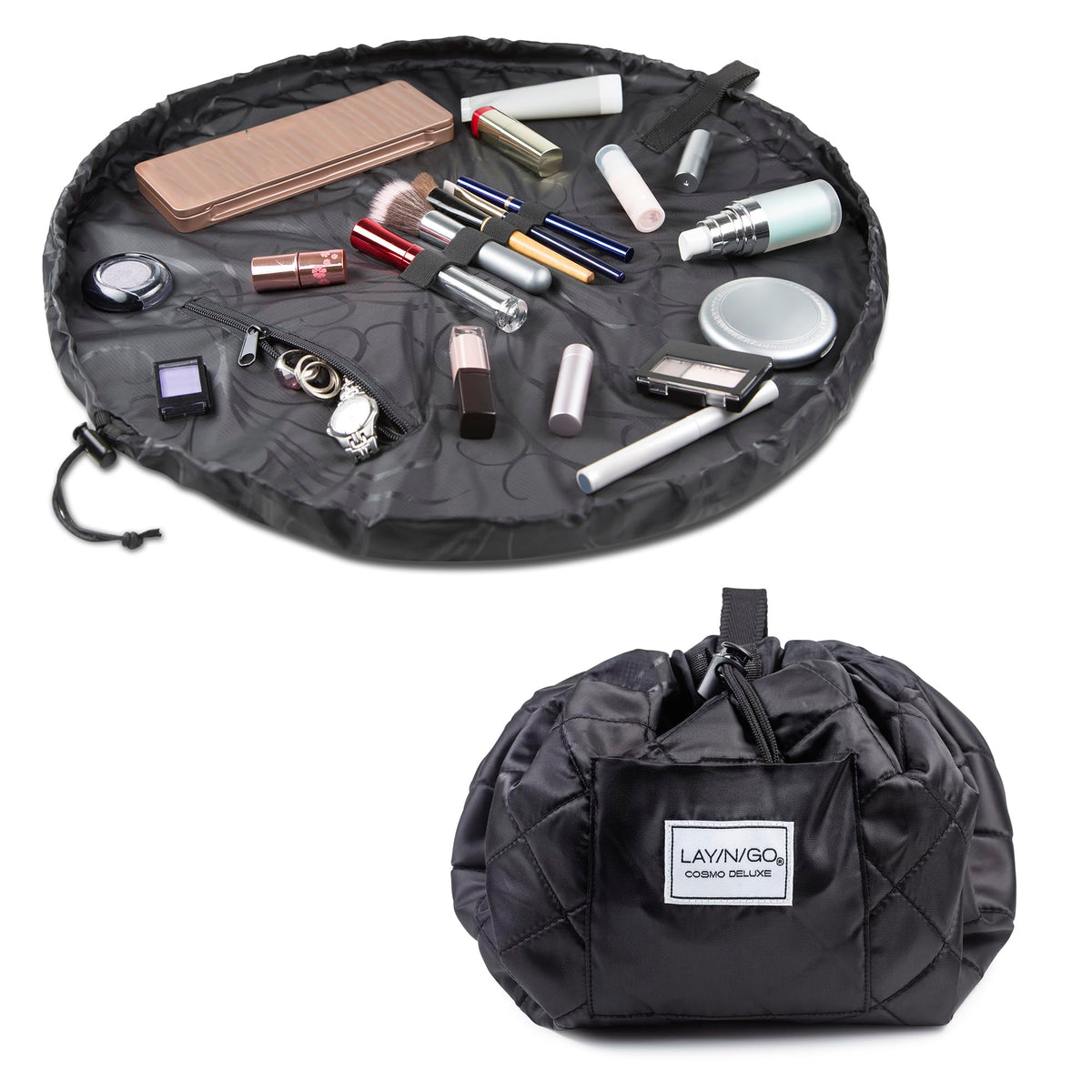 Lay-n-Go Cosmo Layflat open for quick makeup access and organization