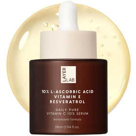 LAYERLAB 10% Vitamin C serum bottle shows daily antioxidant protection.