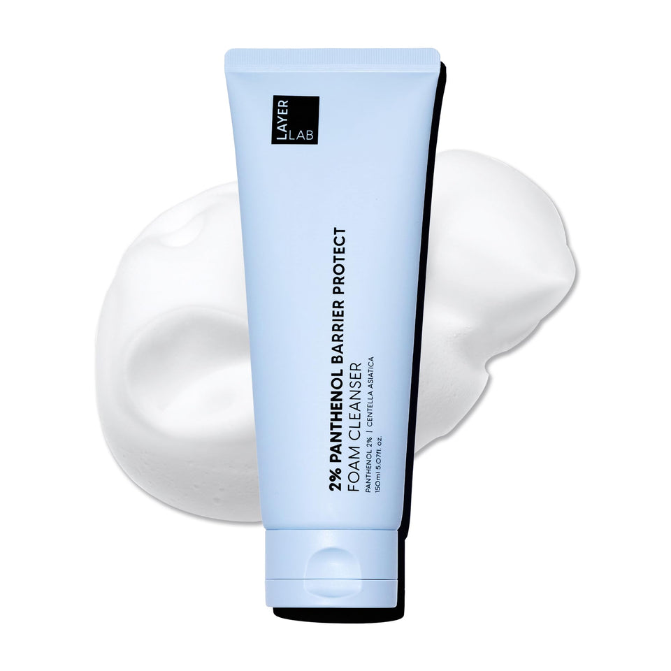 Layerlab face wash in blue bottle with rich foam for deep cleansing.