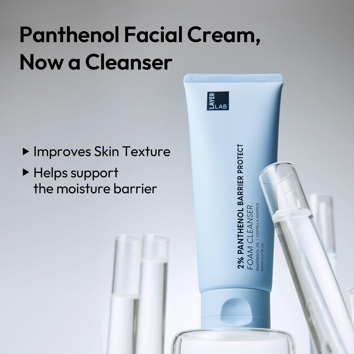 Layerlab face wash with 2% panthenol foam for hydration.