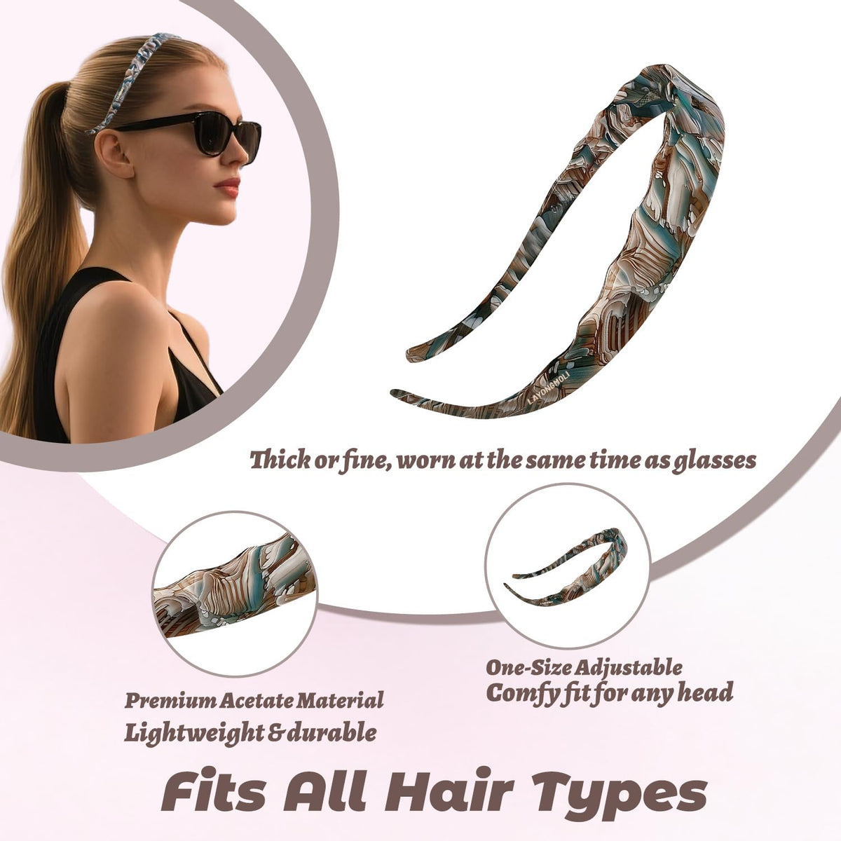 LAYONGMOLI 90s retro headband in blue marble complements vintage-inspired outfits.